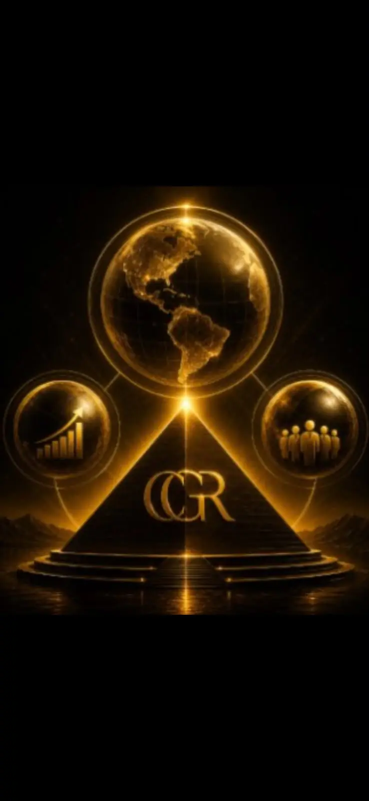 Símbolo do CGR — globo, pirâmide e ícones de crescimento e comunidade em dourado